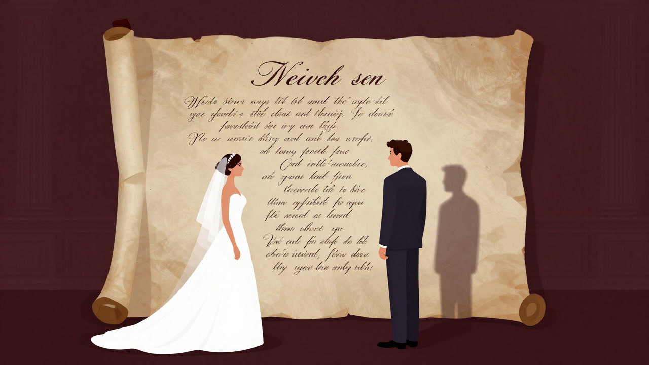 誓いの言葉が刻まれた手書きの巻物を前に、緊張した表情で向かい合う二人