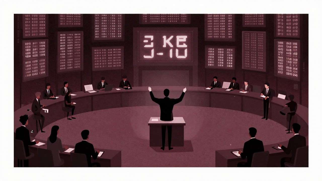 An exchange lit by glowing electronic boards, glaring at the screen