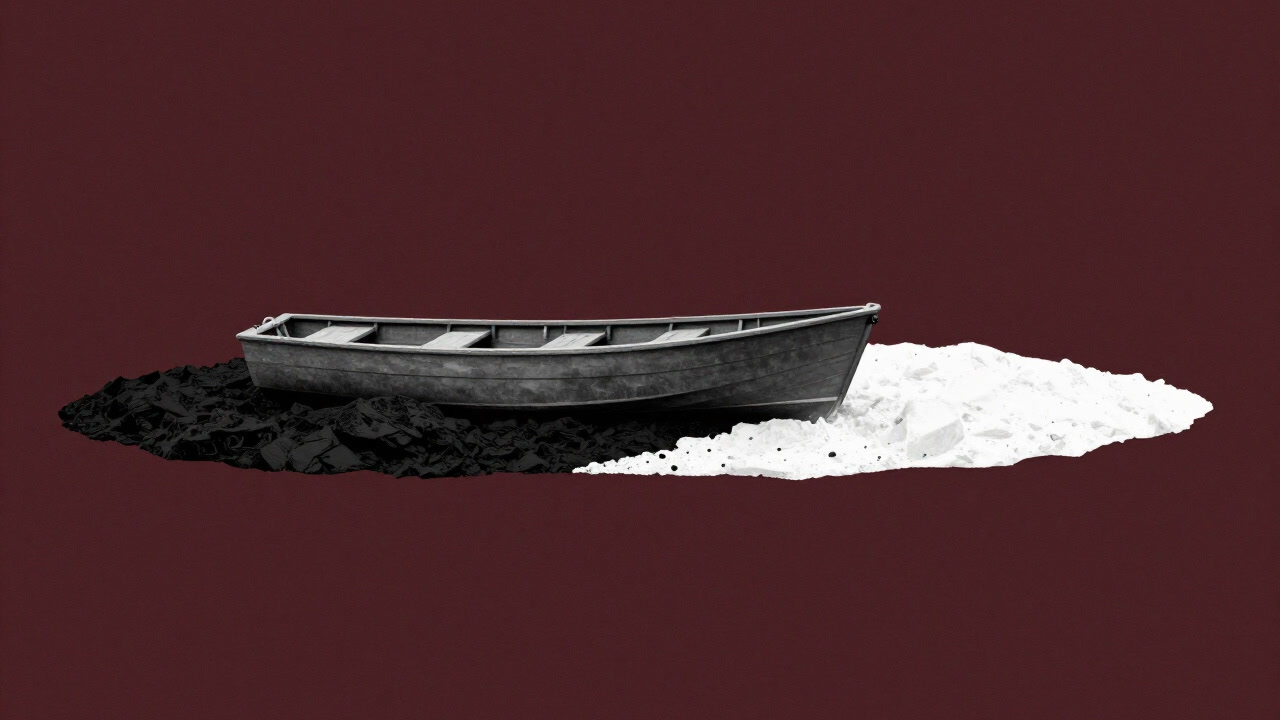 Illustration of a gray boat stranded between a black and white island with no bridge