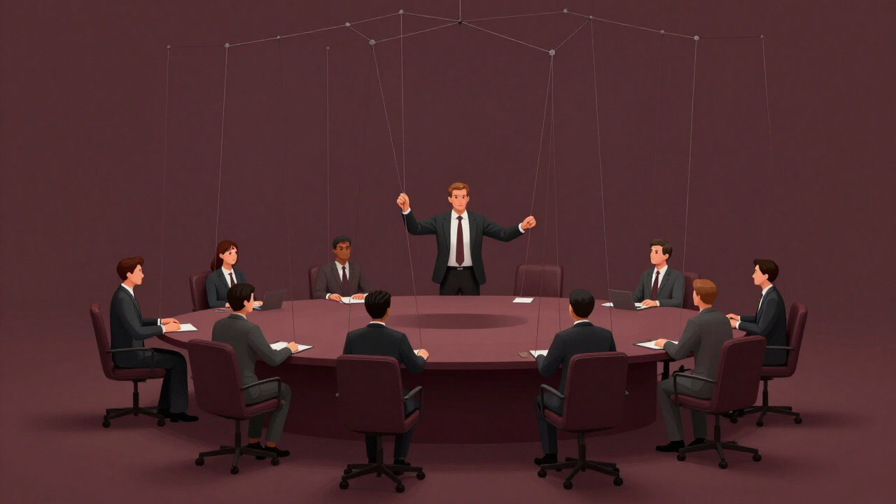 Silhouettes of employees moving like marionettes controlled by a manager in a boardroom