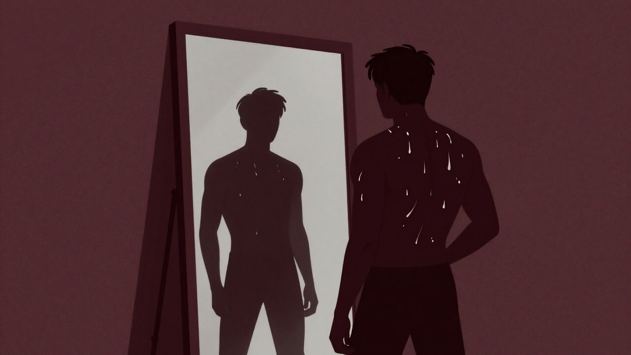 Silhouette of a person striking a pose in front of a mirror drenched in sweat
