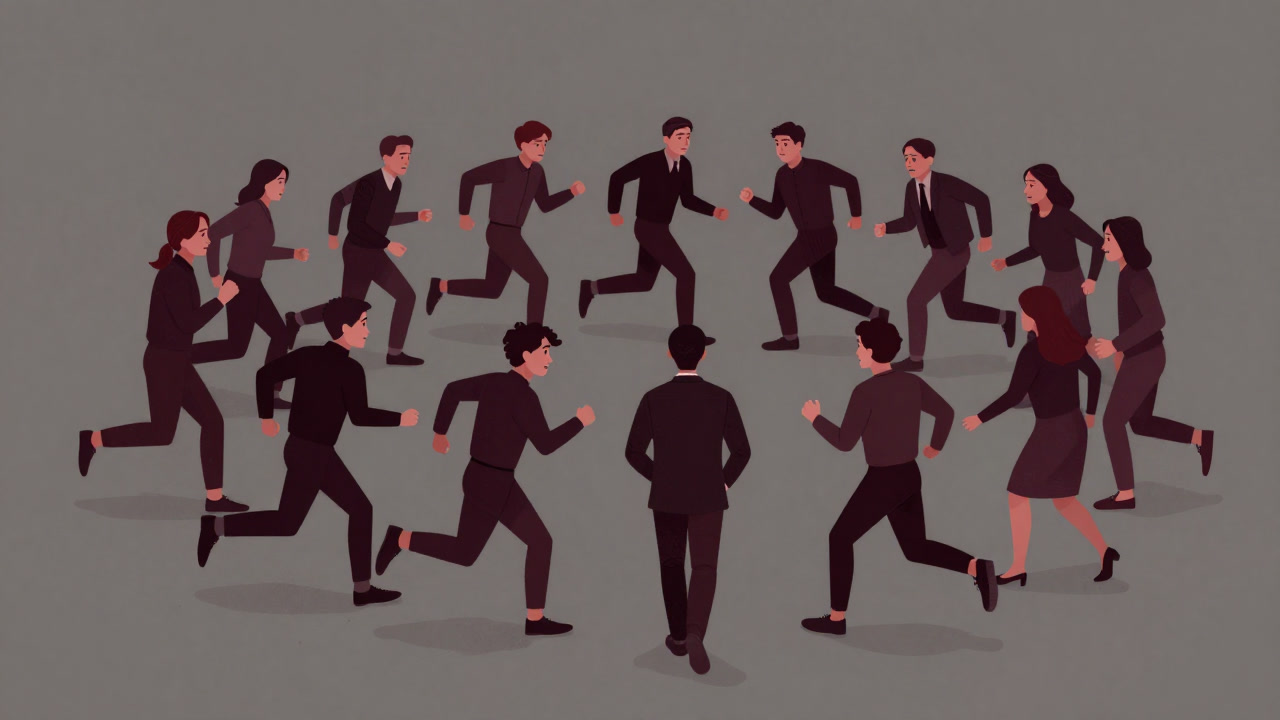 Illustration of people wearing running shoes forming a circle, running with pained expressions.