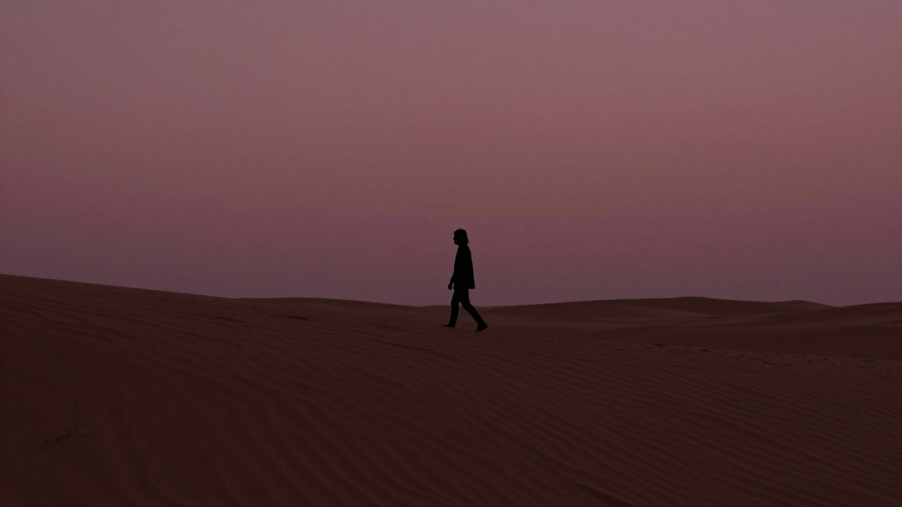 Silhouette of a lone wanderer walking against a vast desert backdrop.