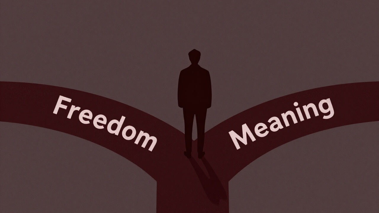An illustration of a lone figure standing at a crossroads labeled 'Freedom' and 'Meaning', symbolizing existential choice.