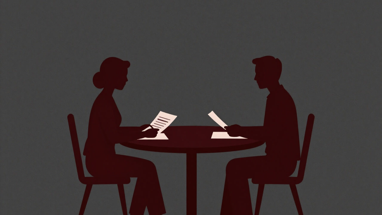 Silhouettes of an employee and HR at a round table, head down holding documents.