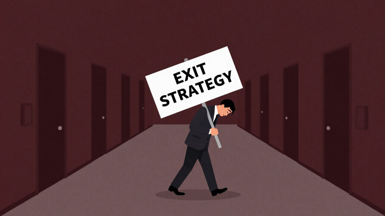 Illustration of a suited businessperson carrying a sign that reads 'Exit Strategy', wandering exhausted while searching for the exit.
