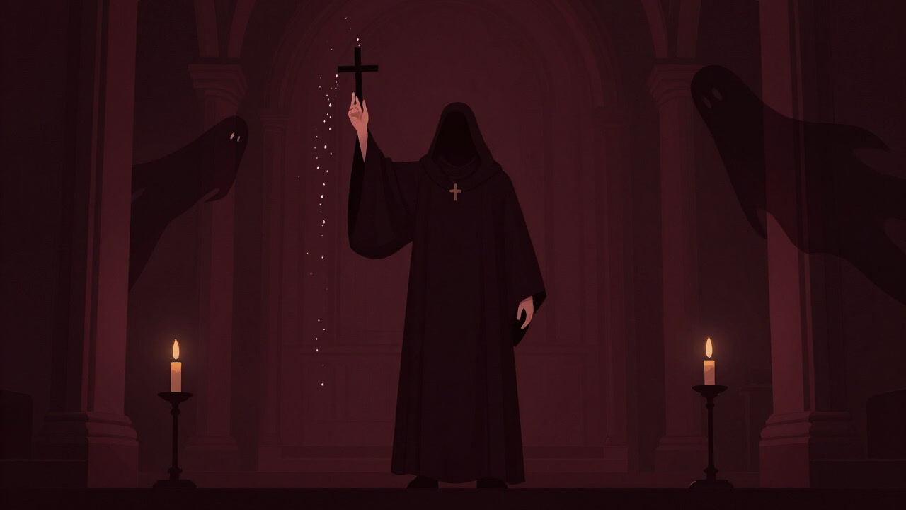 A dimly lit chapel with candles as an exorcist priest makes the sign of the cross and sprinkles holy water.