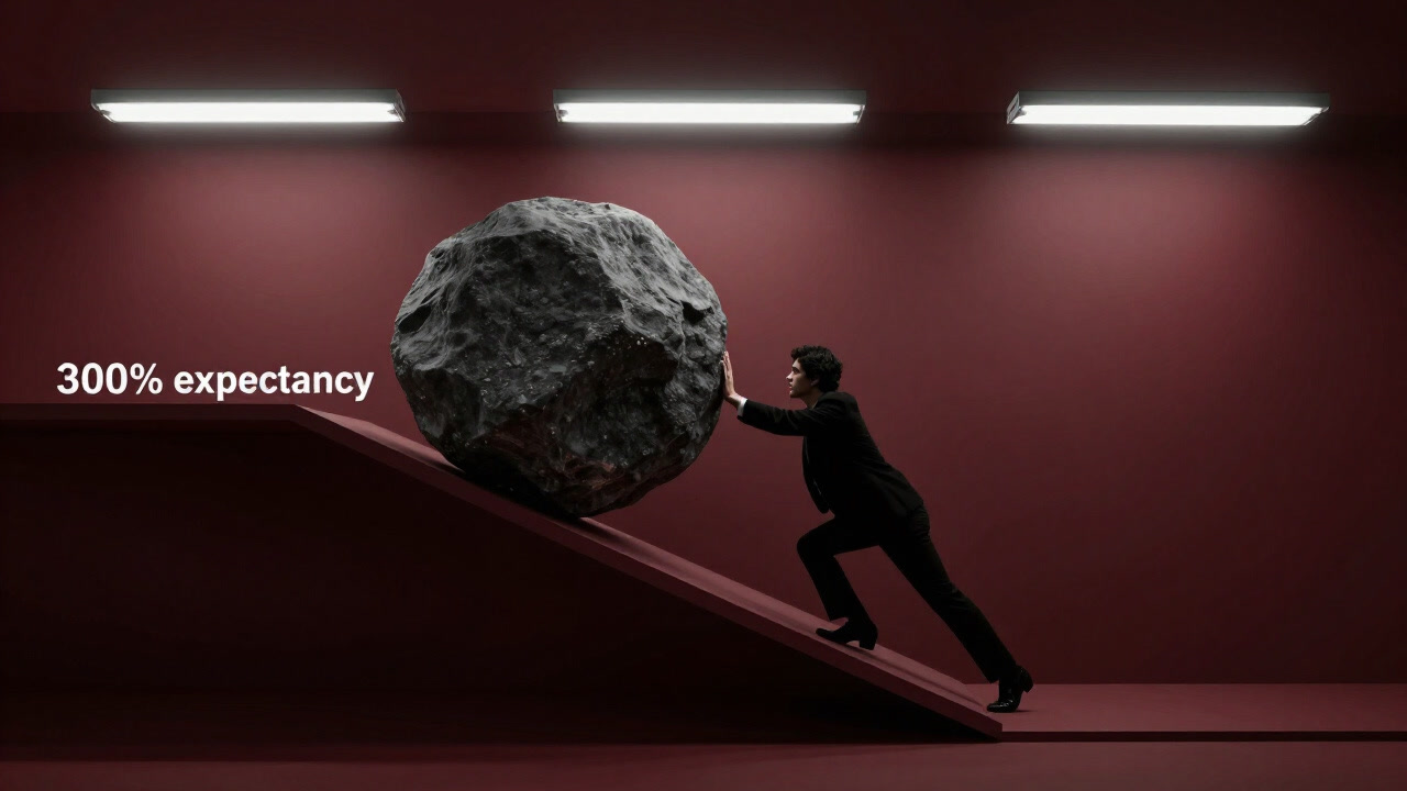 Silhouette of an employee alone pushing a heavy stone up a tall shelf, with no one assisting