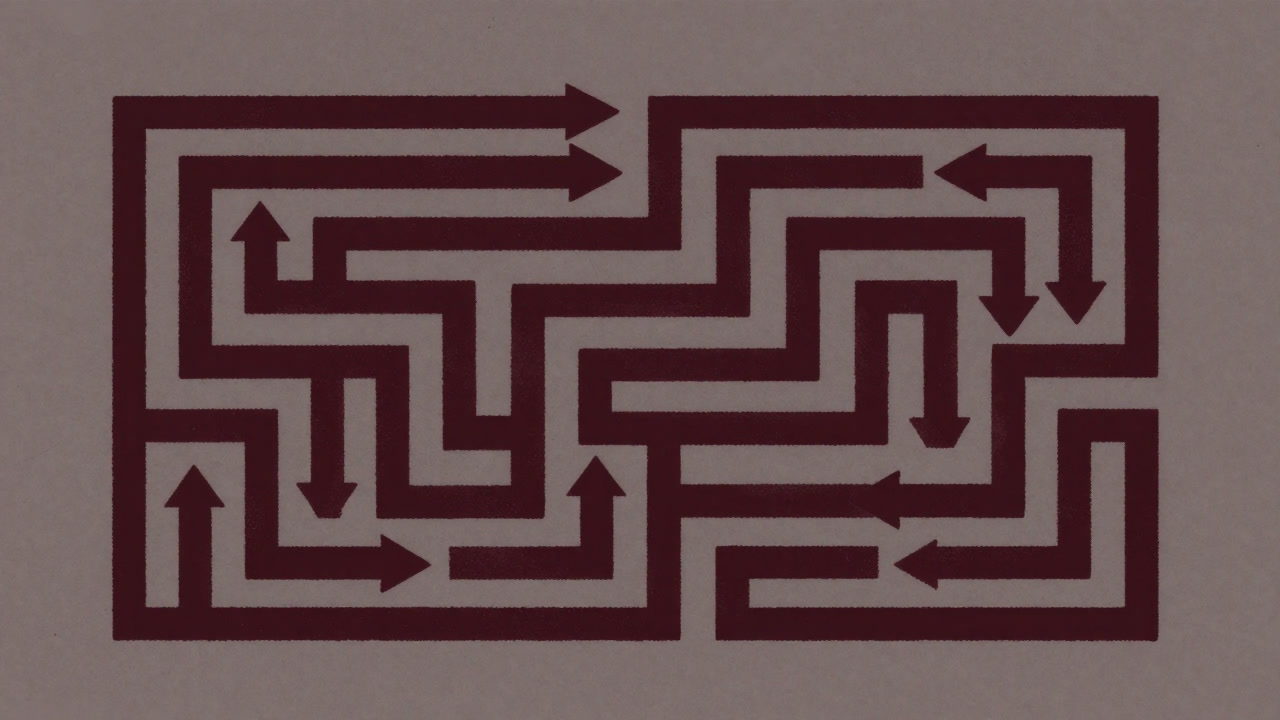 Illustration of an infinite tangled arrows representing an expectation graph that never reaches a destination