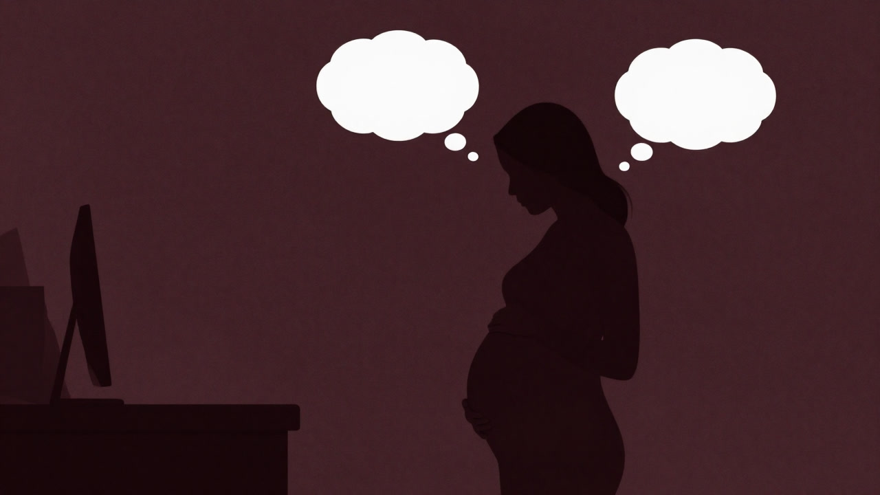 Silhouette of an expecting parent rubbing their belly, a mix of anxiety and anticipation