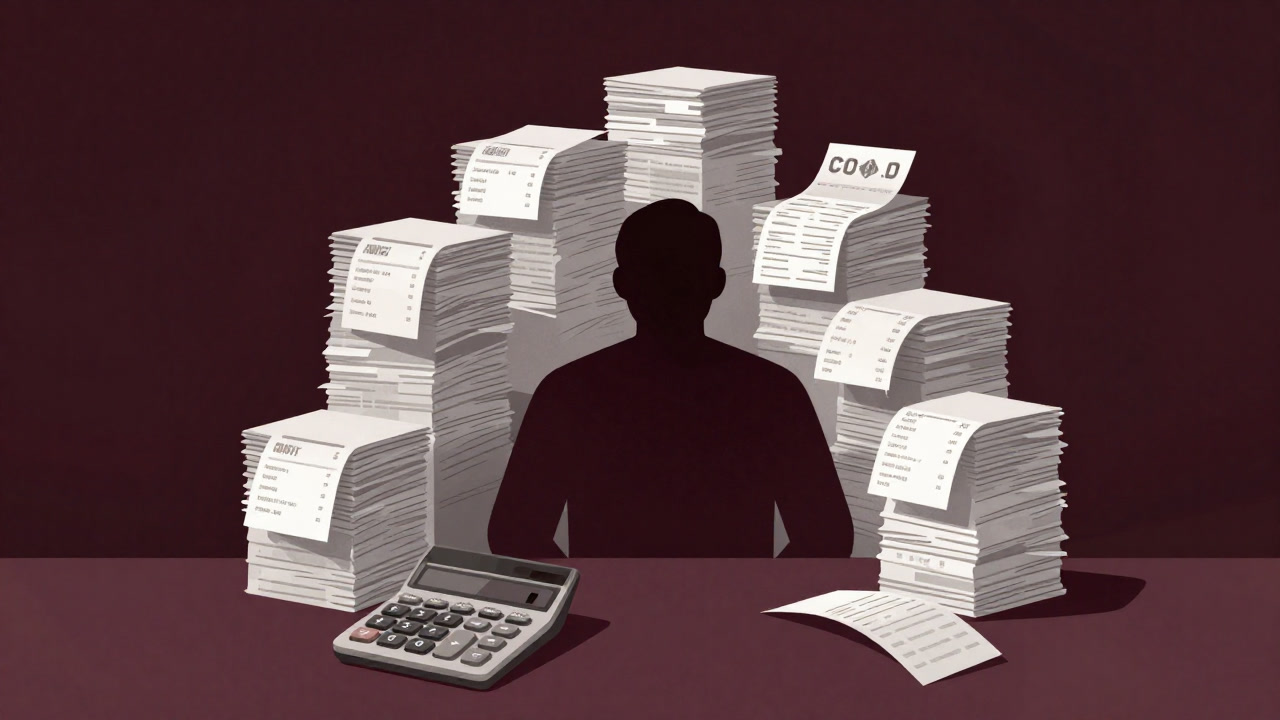 レシートの山と電卓を前に途方に暮れる人物のシルエットの画像