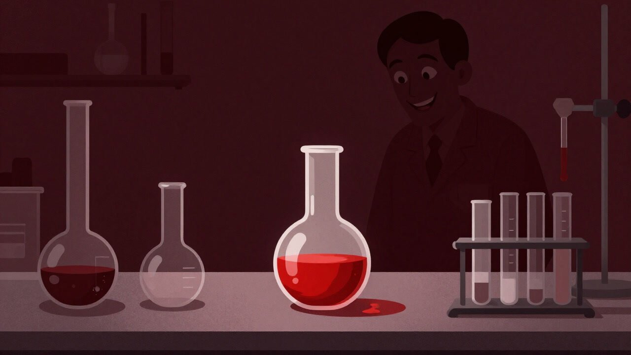 A lab bench lined with flasks and beakers, a red liquid drip in the center, with a shadowy figure of a smiling researcher in the background.