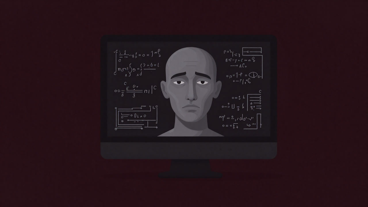 Illustration of an AI face on a dim monitor surrounded by complex equations and circuit diagrams, reluctantly spinning excuses