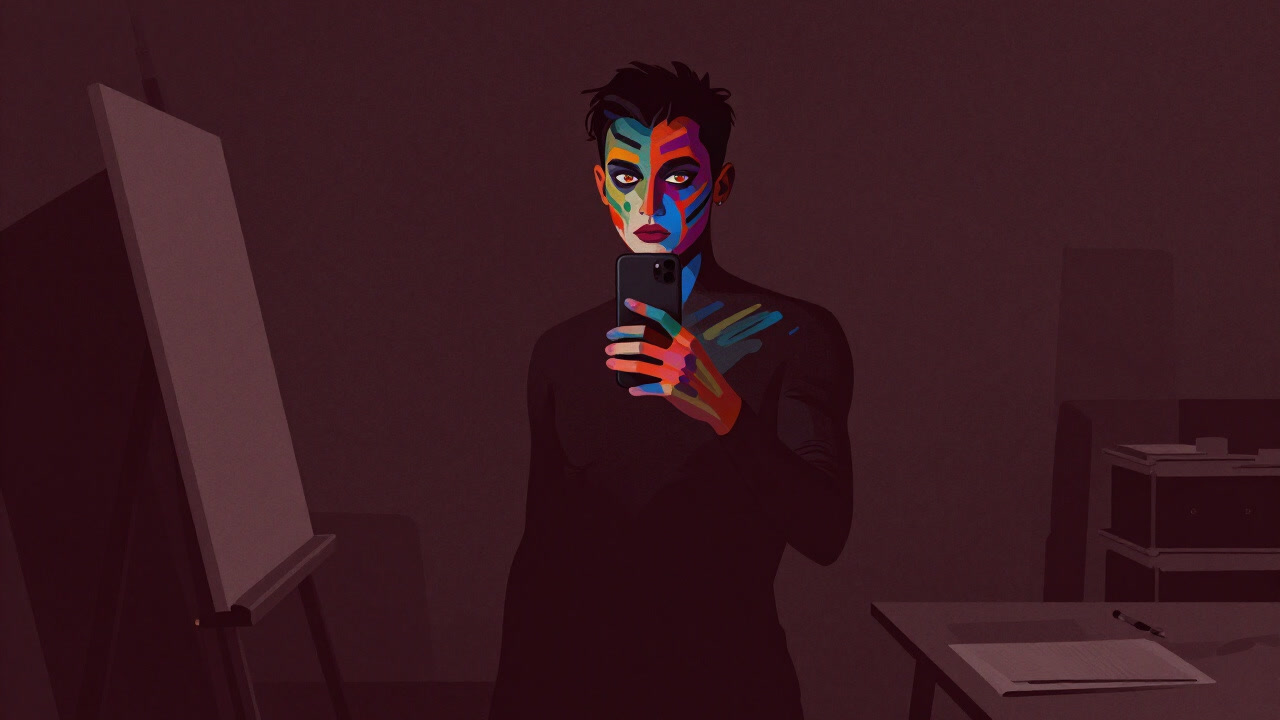 In a dimly lit studio, an artist covered in body paint takes a selfie with a smartphone