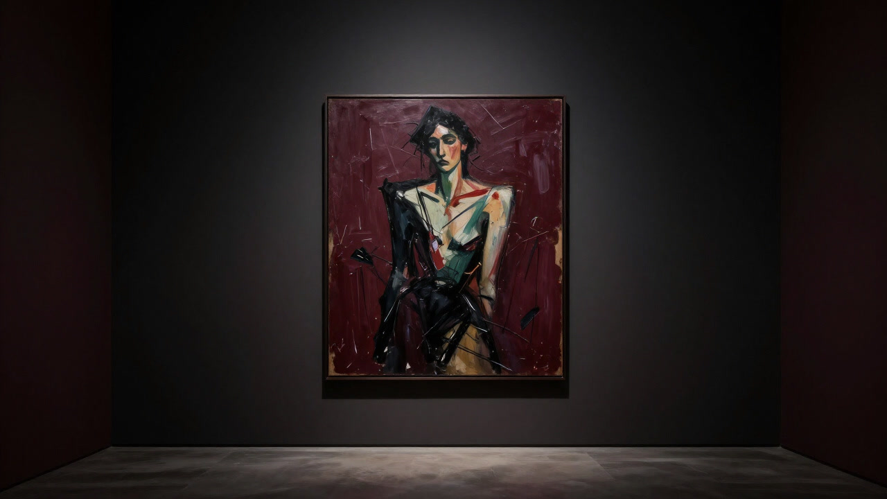 Image of an expressionist painting with wild brushstrokes illuminated by a spotlight in a dark gallery