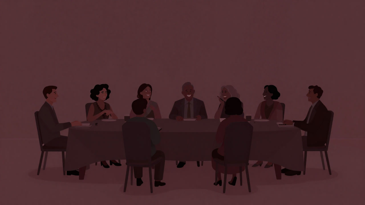 Scene of family members crowded around a dinner table with forced smiles