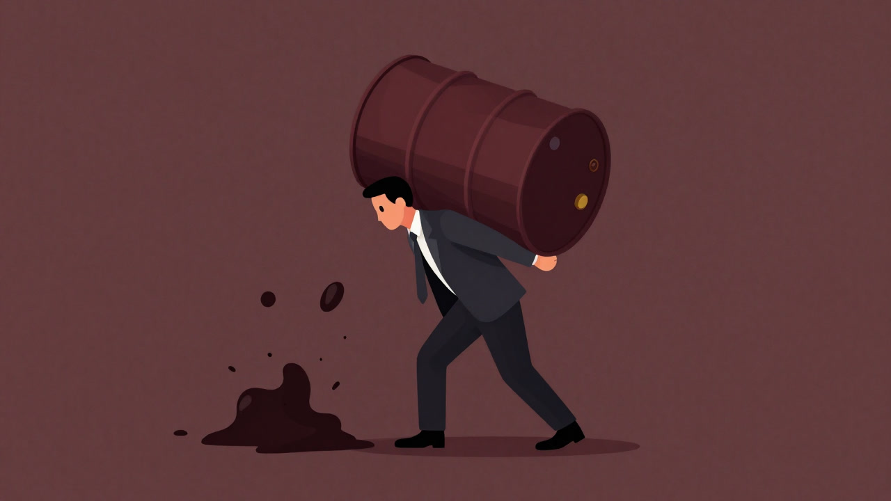 巨大な汚染バレルを背負い苦悶する工場のような人物のイラスト