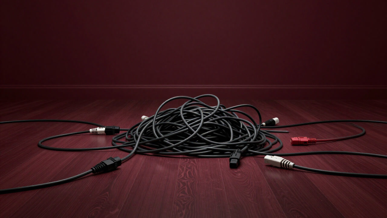 Photograph of a bundle of extension cords tangled together in a living room turned into wiring hell