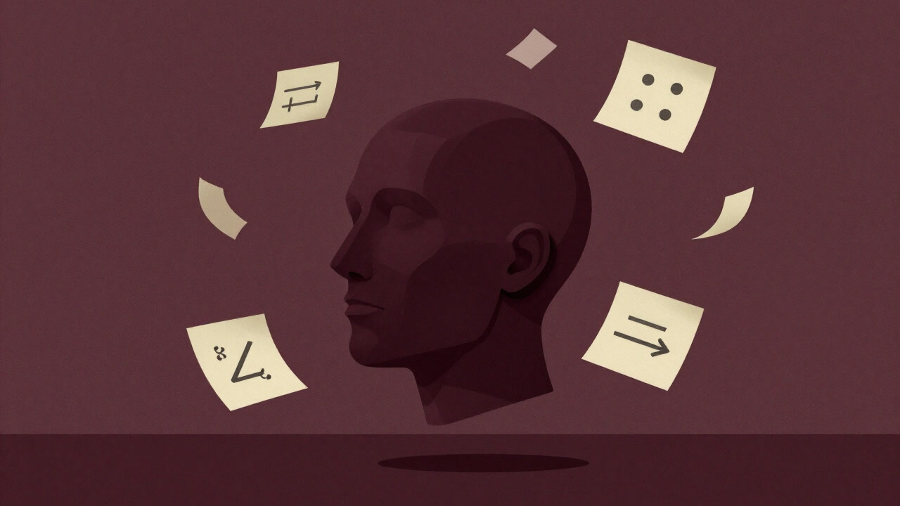 A floating head in an abstract external environment, surrounded by drifting notes and pictograms.