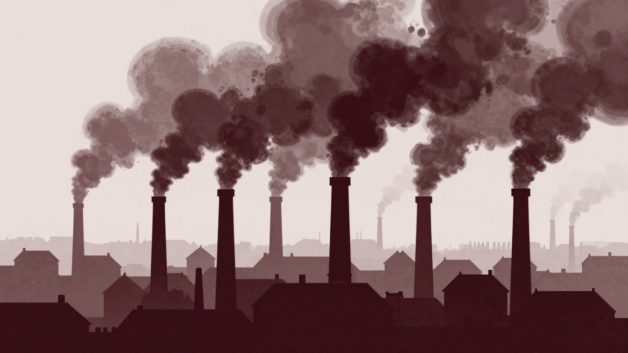 Illustration of factory chimneys covering a town in haze around homes