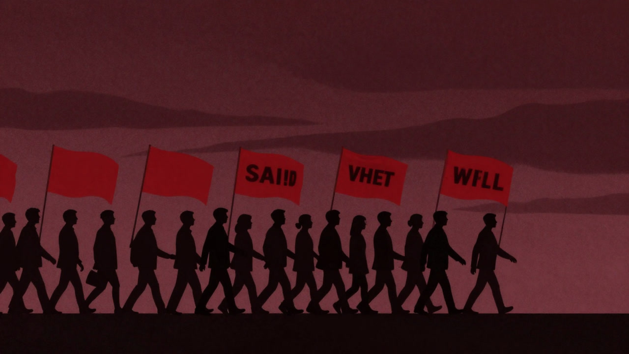 Silhouette of people marching in a group, waving red slogan flags.
