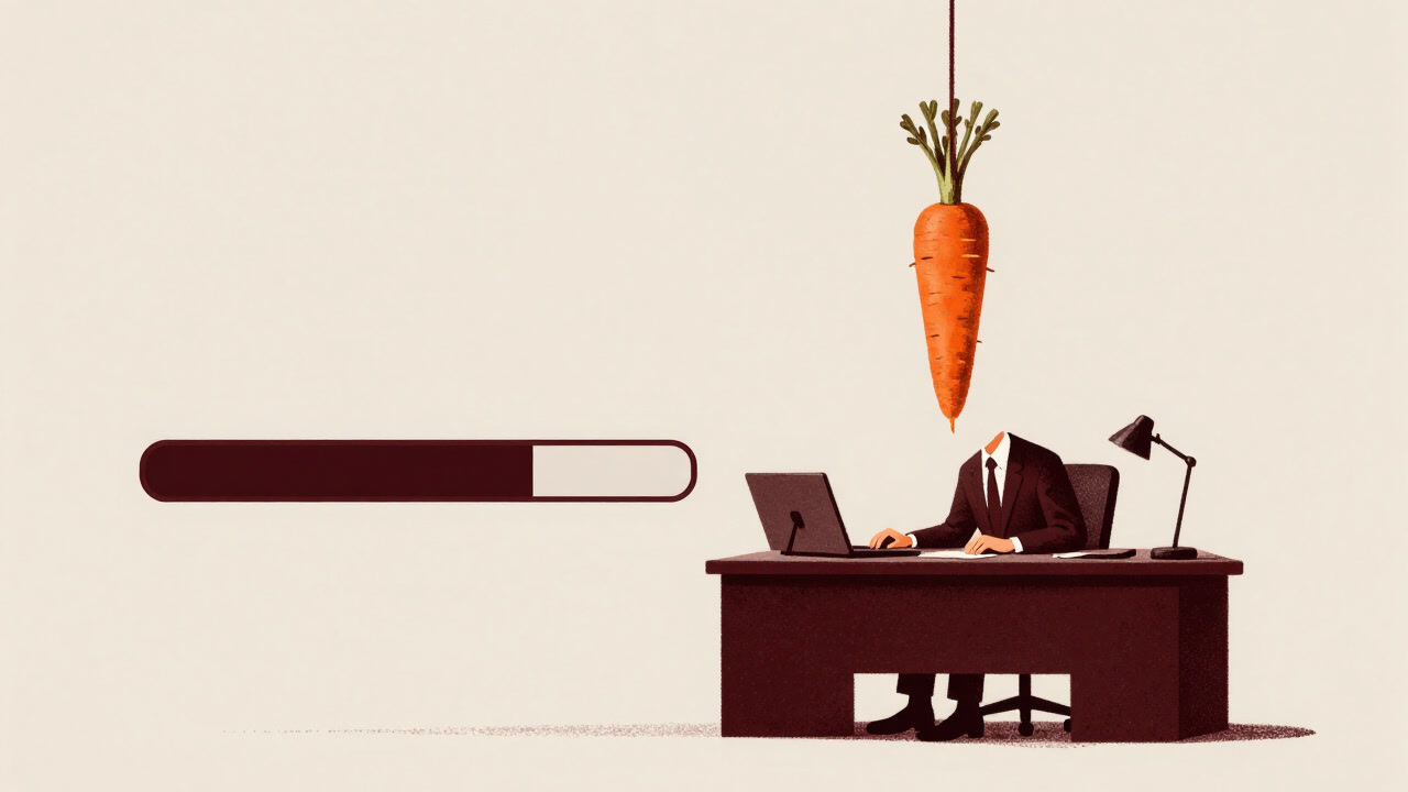 Silhouette of a person at a desk with a carrot dangling overhead, next to a metronome-like progress bar swinging.