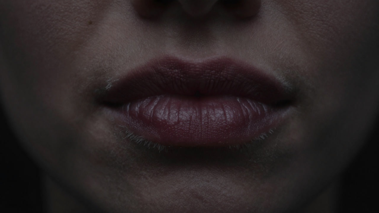 凍りついた口角だけが浮かび上がる暗闇のイメージ