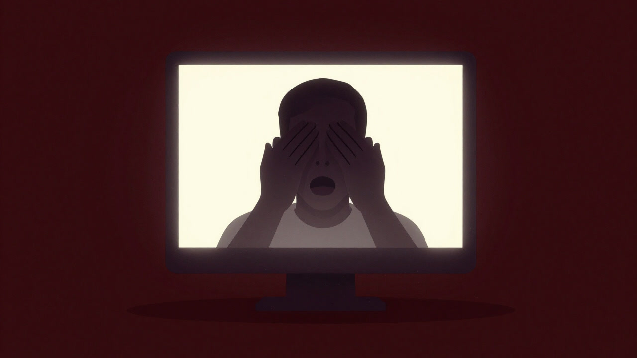 パソコンの前で目を押さえ、疲労の悲鳴をあげる人物のシルエット