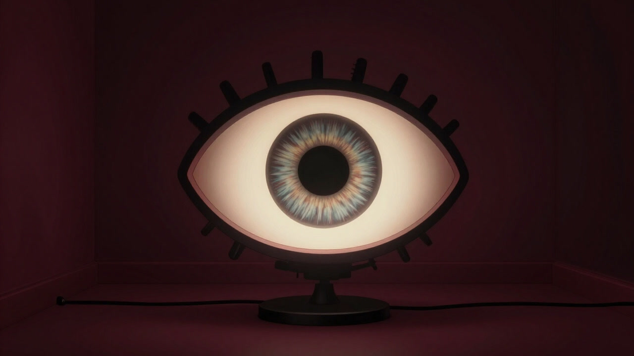 Image of a large lamp shaped like an eye glowing alone in a dark room.