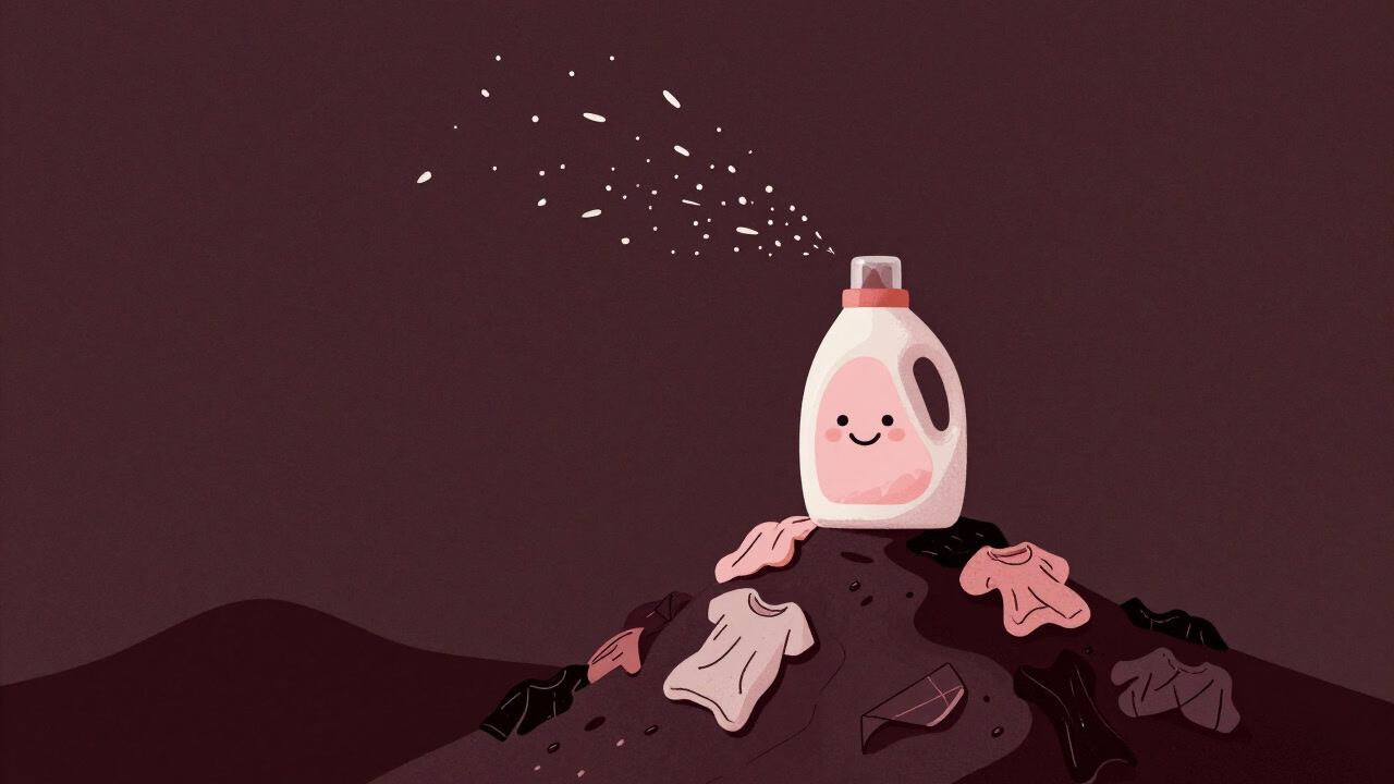 Illustration of a fabric softener bottle sitting atop a pile of laundry, proudly dispensing fragrance