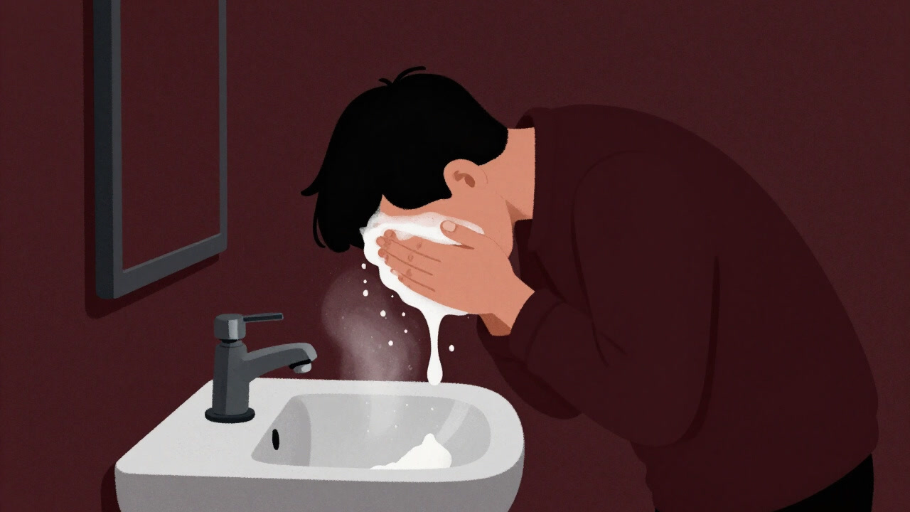 Person with hollow eyes washing their face in front of a sink surrounded by steam and foam