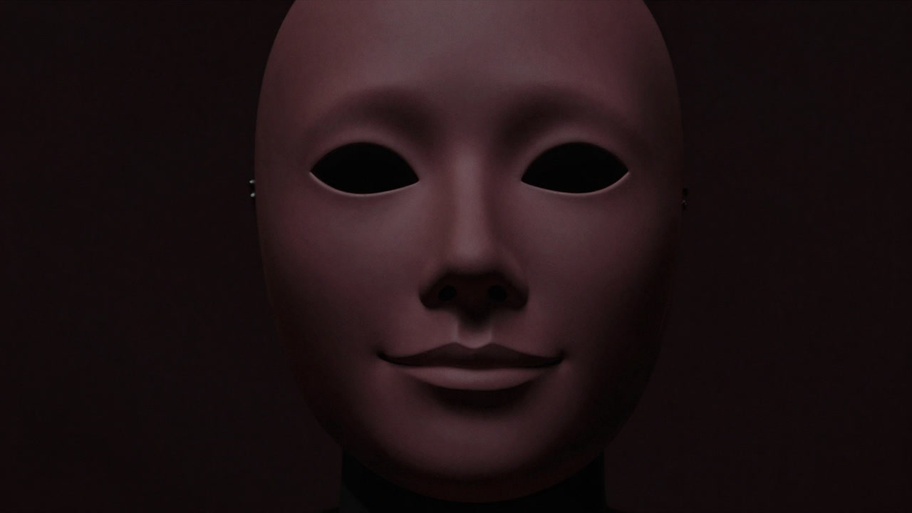 Close-up of a face wearing an expressionless mask while a slight smirk reveals hidden truth.