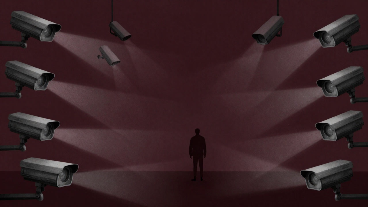 Countless cameras encircle a lone passerby, silently digitizing their image