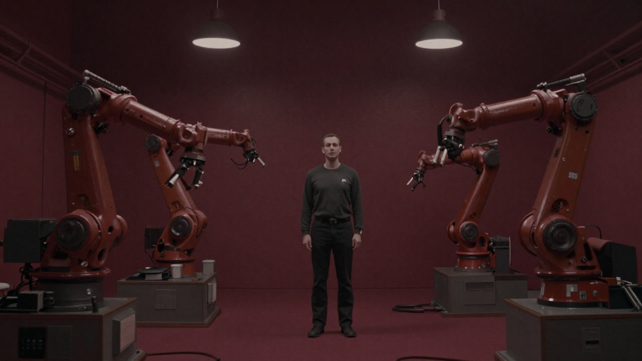 動き続けるロボットアームに囲まれながら、虚空を見つめる人間オペレーターの姿