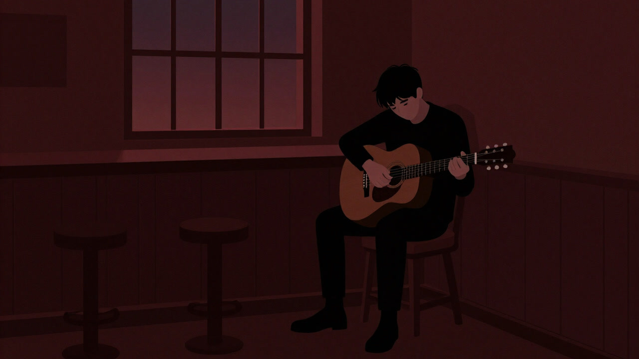 暗いバーの端で、哀愁を帯びたギターを抱え黄昏を背に佇む歌い手