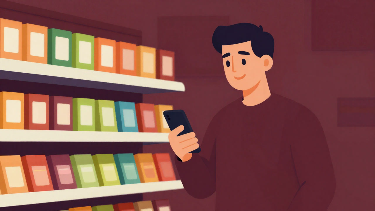 カラフルなフェアトレードマークが並ぶ棚で、消費者が得意げにスマホを覗き込むイラスト