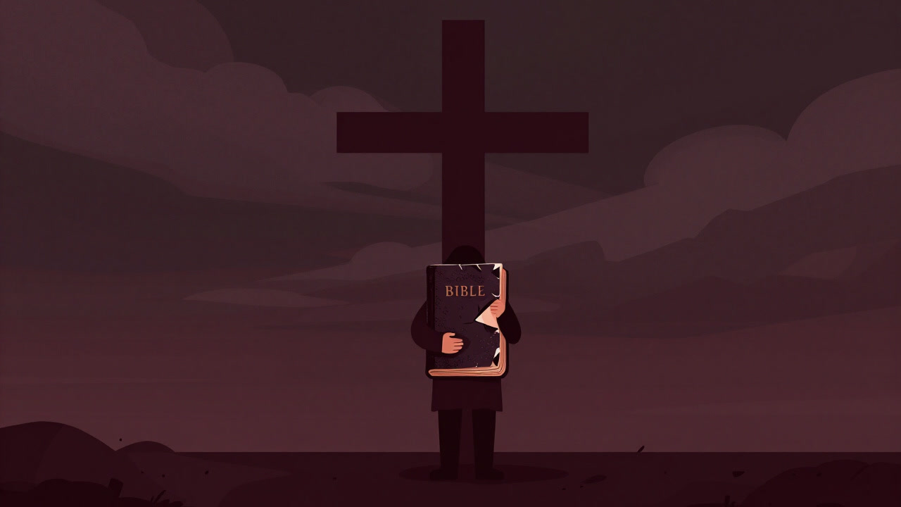 Illustration of a person holding a torn Bible and standing forlornly in front of a cross.