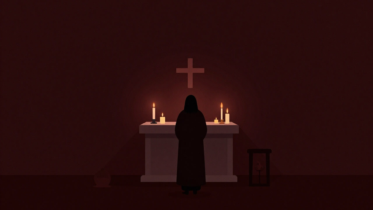 A mysterious scene of a figure standing before a prayer altar, illuminated by the warm glow of candles.