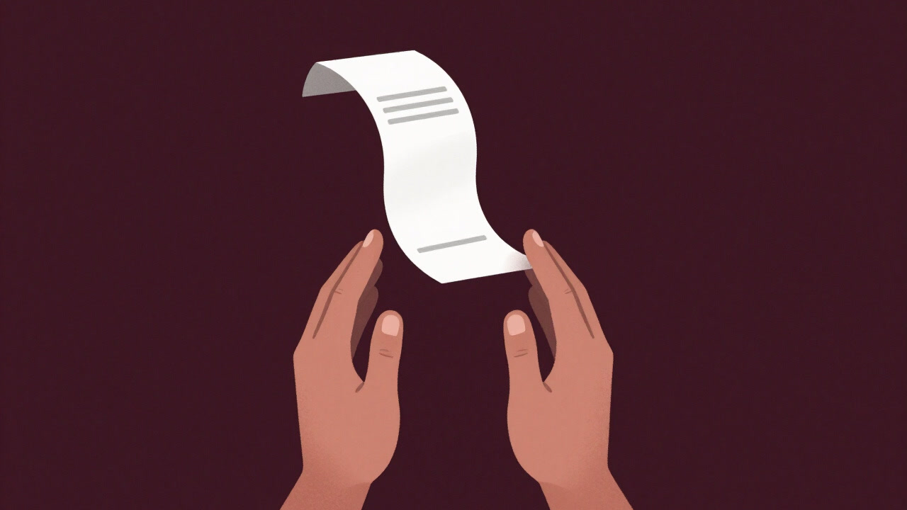 Abstract illustration of hands praying and a blank receipt floating