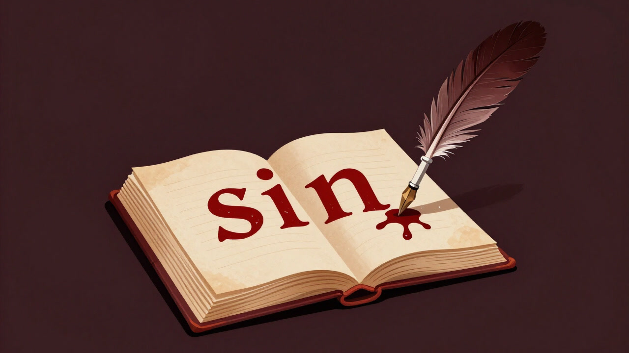 Illustration in devil's dictionary style: a demon dictionary book with a blood-stained pen writing the word sin on an ancient parchment.