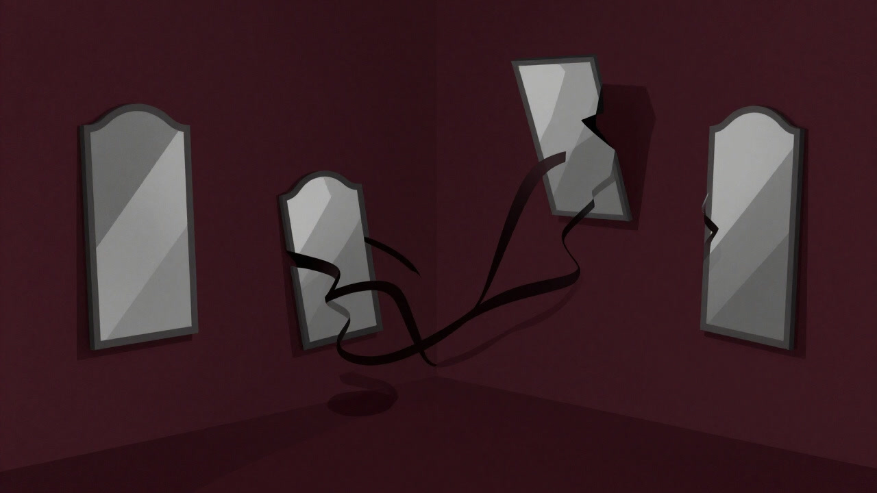 Illustration of a room with warped mirrors and shadows symbolizing a mind lost in a maze of thought