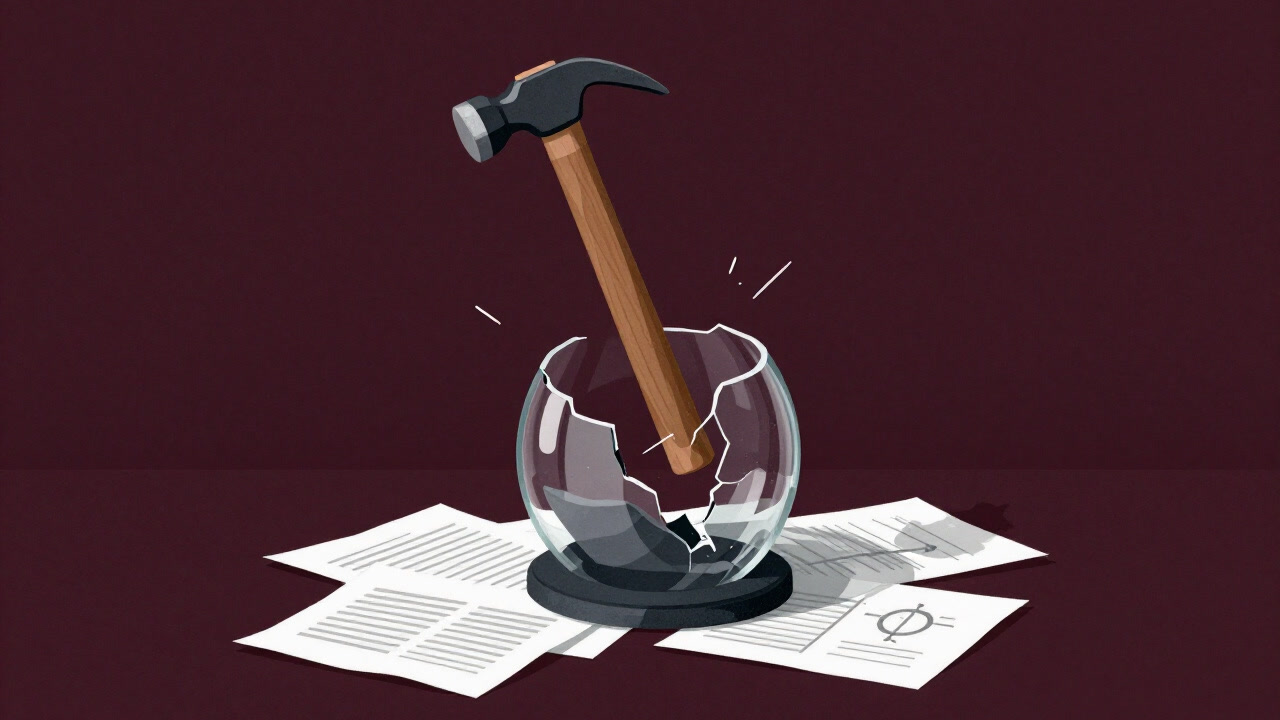 書類とグラフの山に埋もれ、ハンマーを振りかざす研究者の手が覗く中、理論を象ったガラス細工が今にも割れそうに光るイラスト