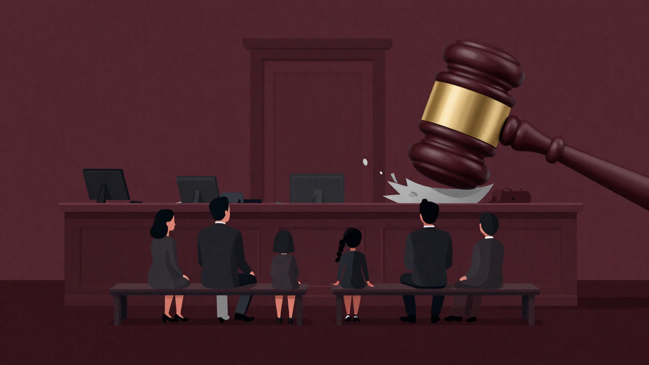 法廷のガベルが家族を真っ二つに分断しているようなシュールなイラスト