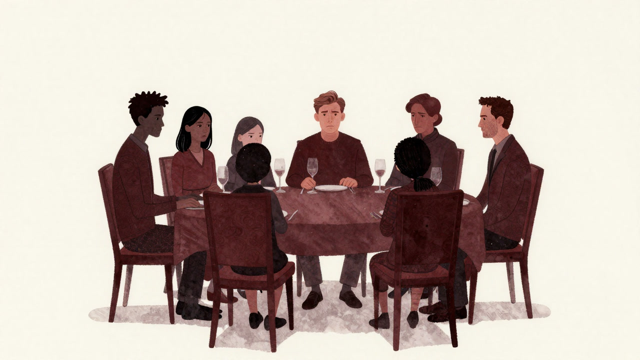 Silhouette of a family gathered around a table, discussing seriously