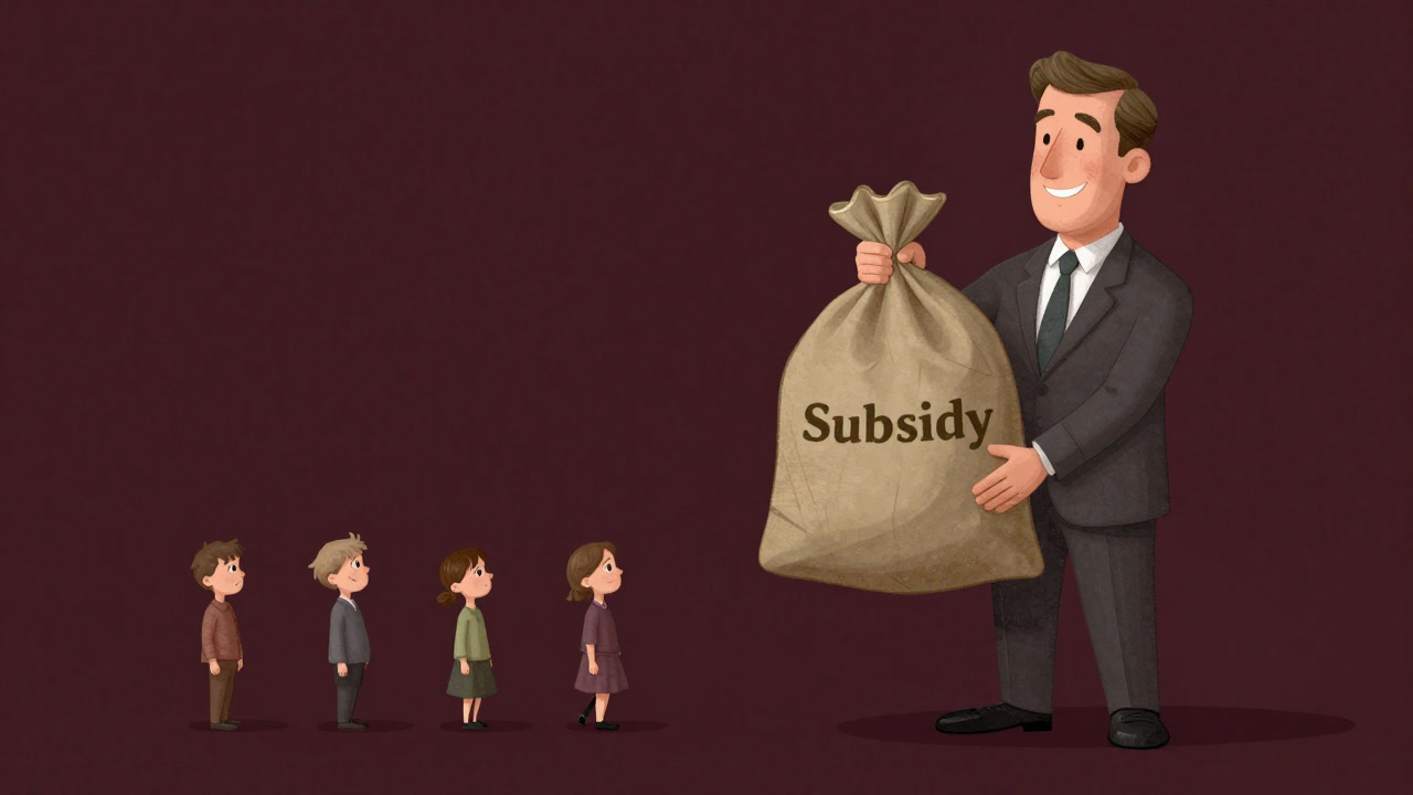 Illustration showing a politician holding up a bag of subsidies, with a shadow of a confused family behind, unsure how to use them.
