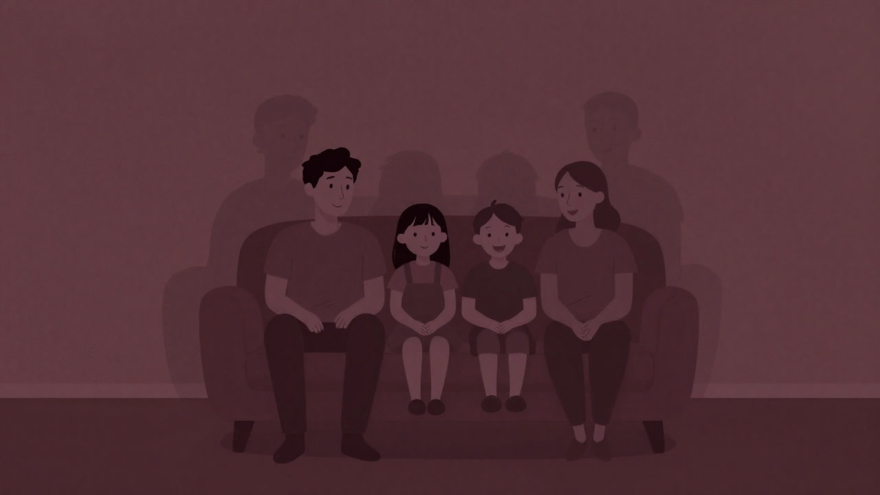 Illustration of a smiling family on a living room sofa bearing shadows behind them searching each other's secrets.