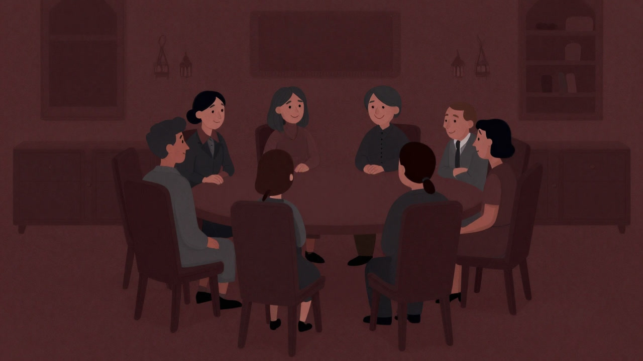 Illustration of a family awkwardly conversing around a large table with forced smiles