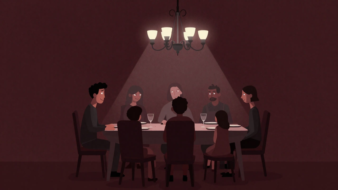 ダイニングテーブルを囲みながら微笑みの裏で舌戦を繰り広げる家族のイラスト