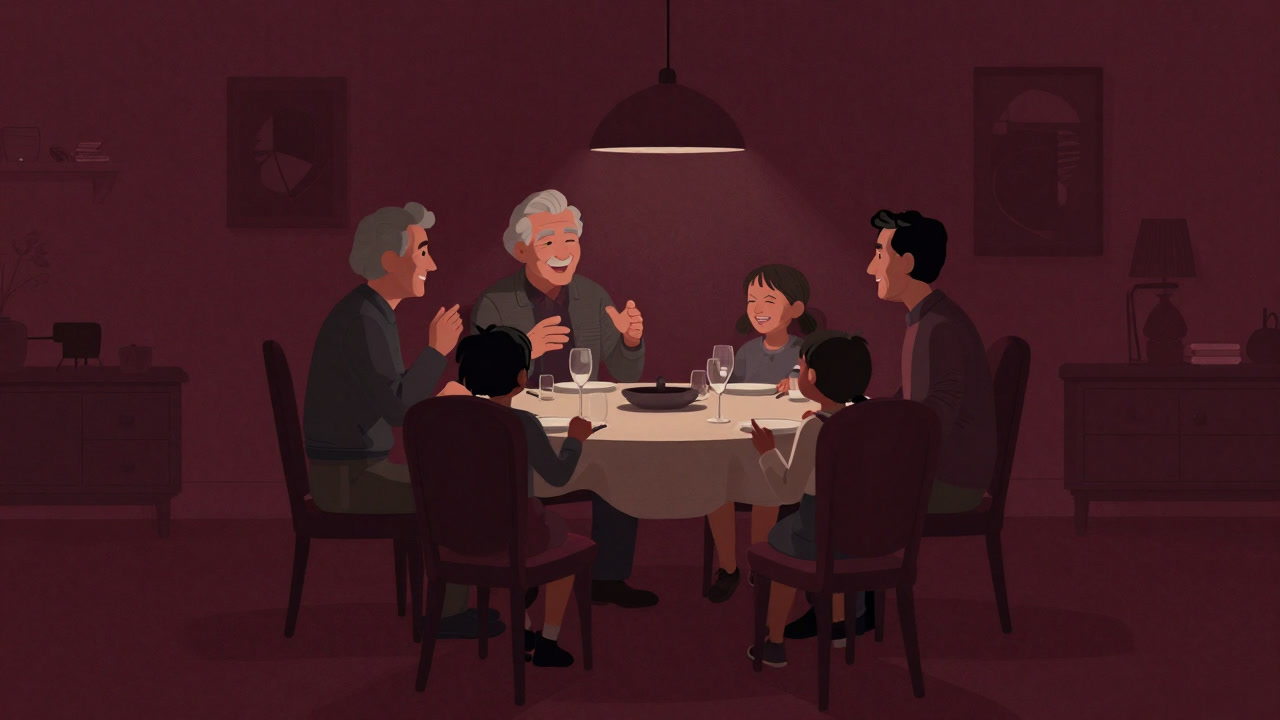 暖かな灯りの下、家族が囲む食卓で交わされる誇張された昔話を想像させるイラスト