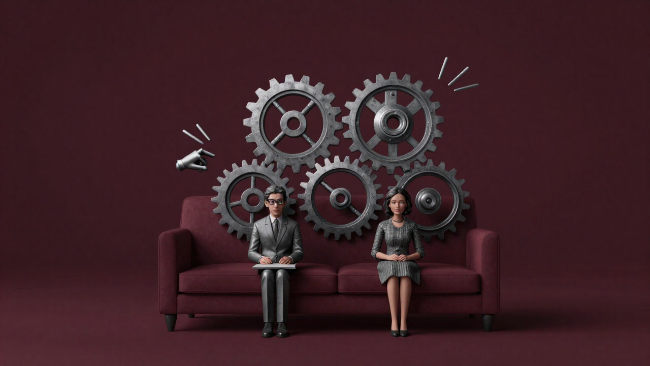 歯車として描かれた家族メンバーが互いにかみ合いながらも、不協和音を発しているリビングのイラスト